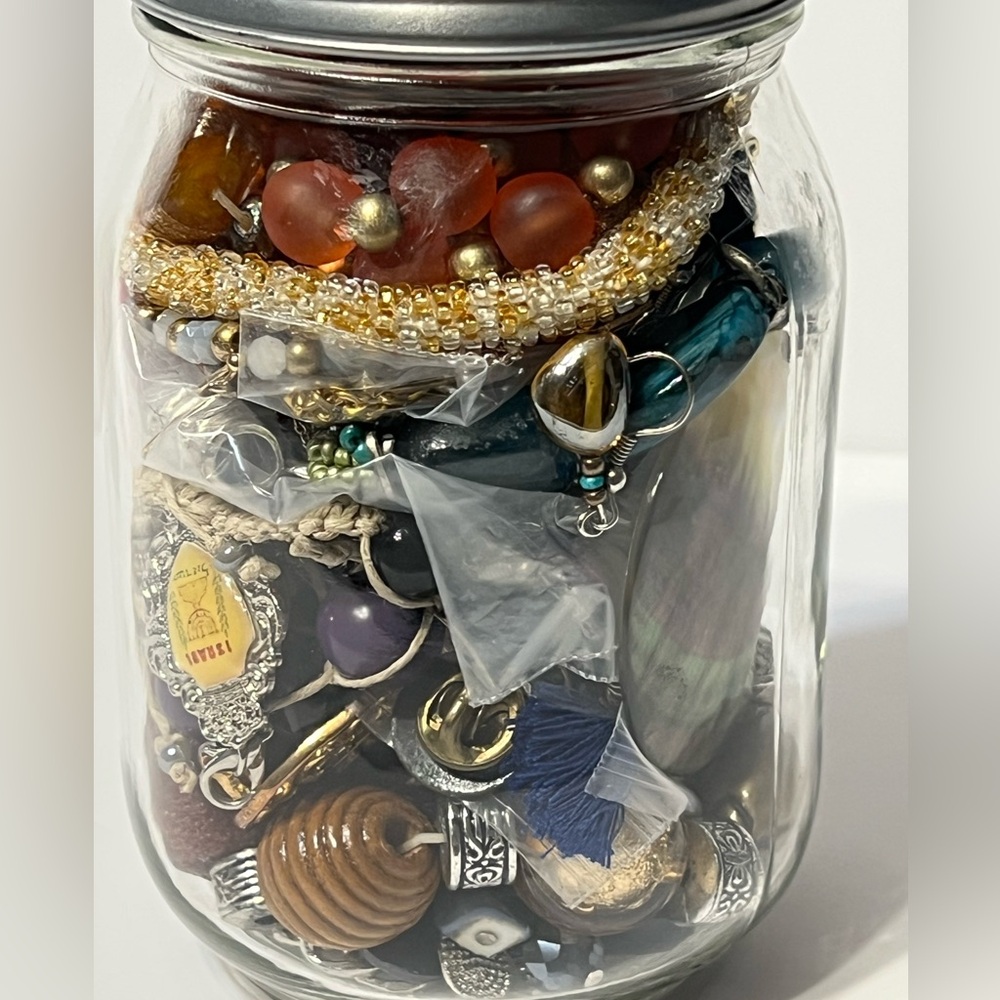 Jar of Mixed Beaded Jewelry — Orange, Coral, Blue, Gold Accents